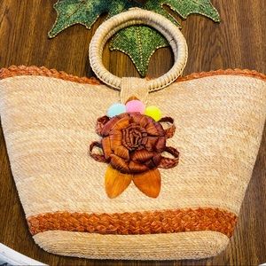 Vintage Boho Straw Summer Beach Bag Tote Pom Poms